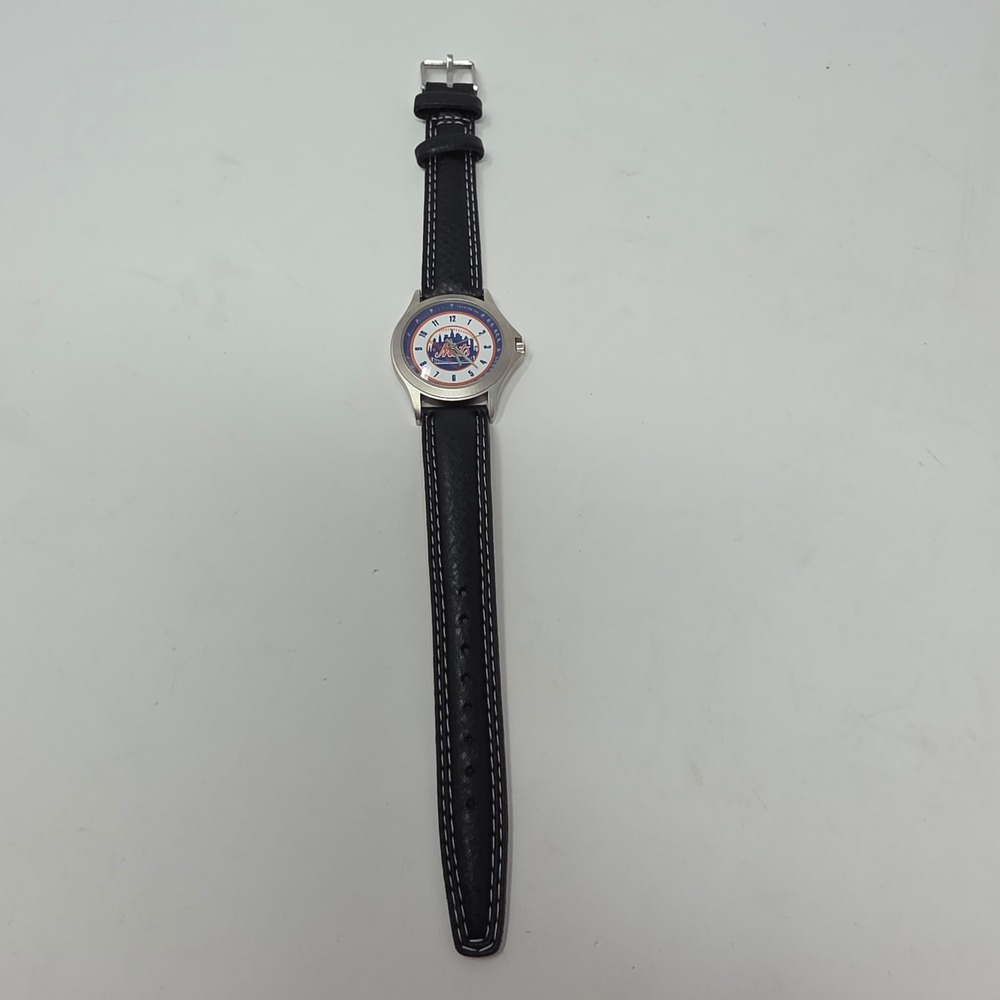 MLB New York Mets Wristwatch Mens Black Faux Leather Strap Silver Tone 1998